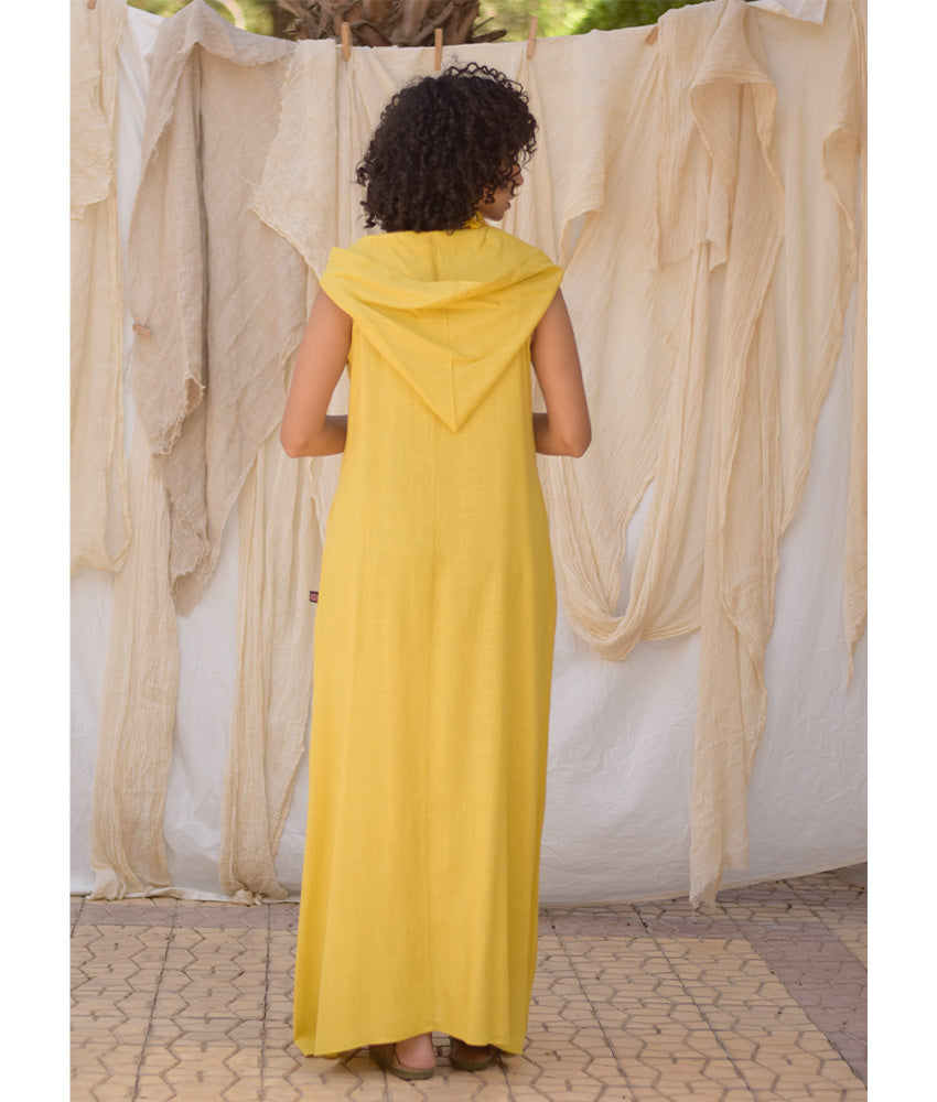 Mustard Linen Dress with Hoodie handmade in Egypt & available at Jozee Boutique.