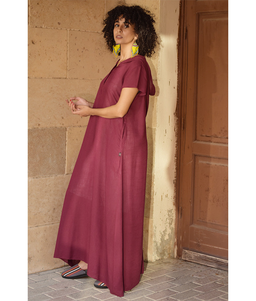 Burgundy Linen Dress with Hoodie handmade in Egypt & available at Jozee Boutique.