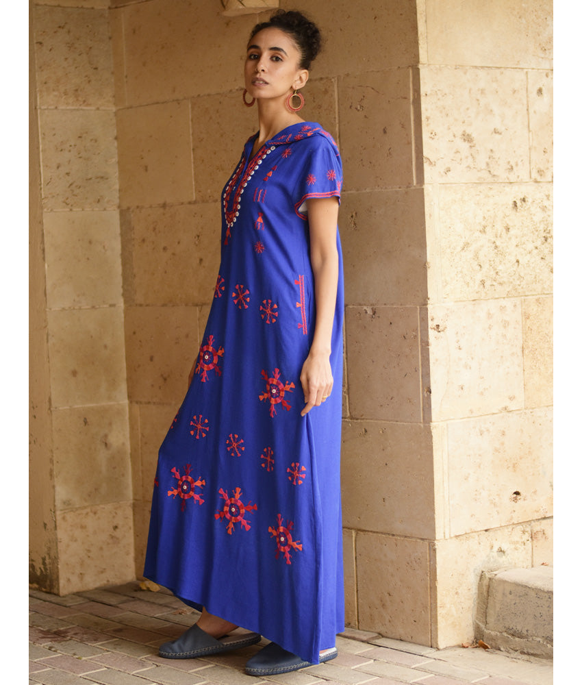 Electric Blue Siwa Heavily Embroidered Linen Dress with Hoodie handmade in Egypt & available at Jozee Boutique.