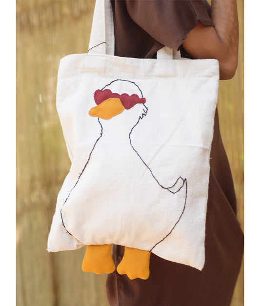 Off White Duck Embroidered Cotton Tote Bag - Mon's Hands