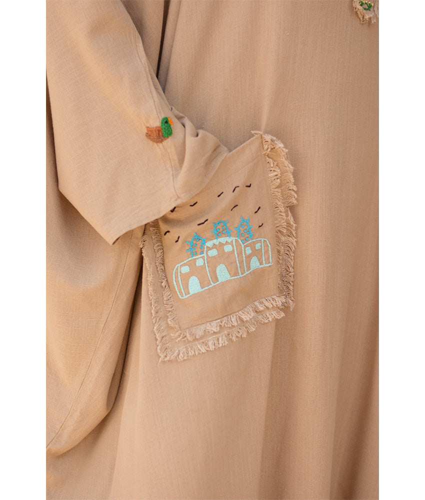 Dark Beige Hand Embroidered Linen Kaftan with Hoodie handmade in Egypt & available at Jozee Boutique.