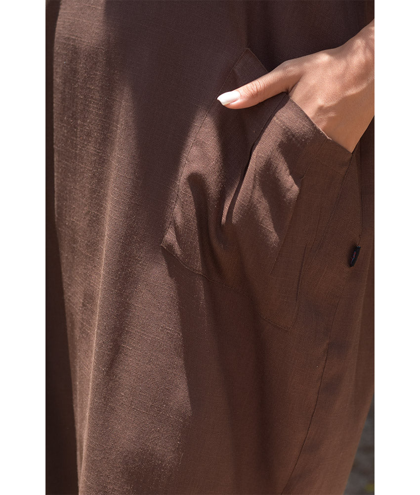 Chocolate Brown Relaxed-Fit Linen Midi Dress with Pockets handmade in Egypt & available at Jozee Boutique.