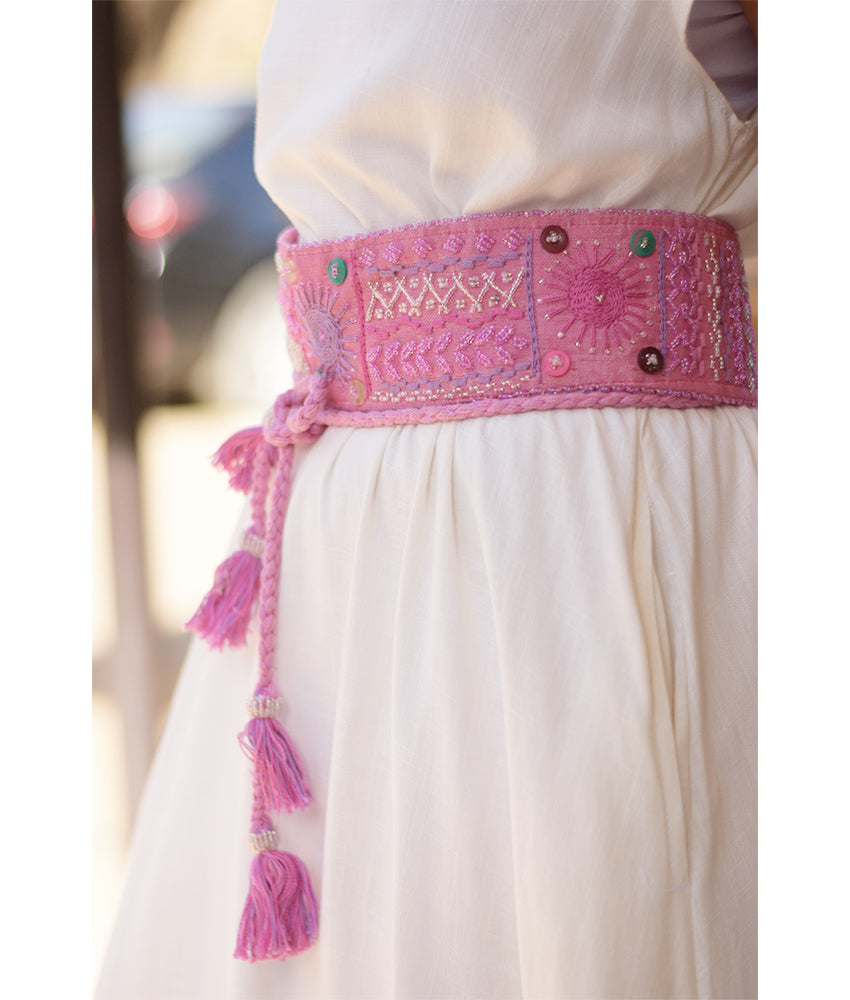 Pink Saint Catherine Embroidered Wide Belt handmade in Egypt & available at Jozee boutique