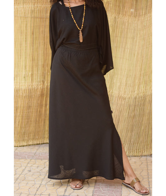 Black Linen Side-Slit Skirt with Elastic Waistband