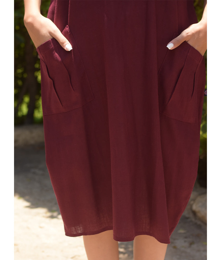 Burgundy Relaxed-Fit Linen Midi Dress with Pockets handmade in Egypt & available at Jozee Boutique.