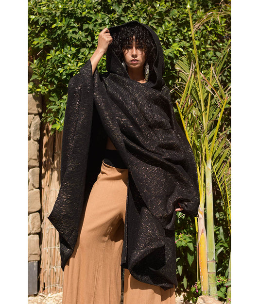 Black & Gold Handwoven Heavy Cotton Midi Cape handmade in Egypt & available at Jozee Boutique.handmade in Egypt & available at Jozee Boutique.