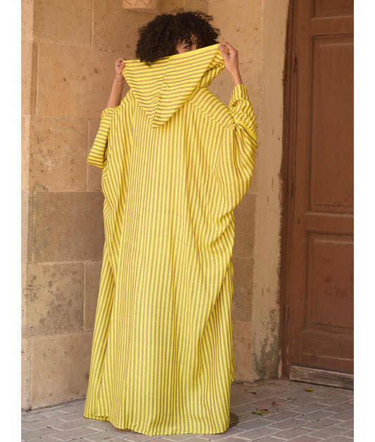 Yellow & Purple Stripped Viscose Kaftan with Hoodie handmade in Egypt & available at Jozee Boutique.