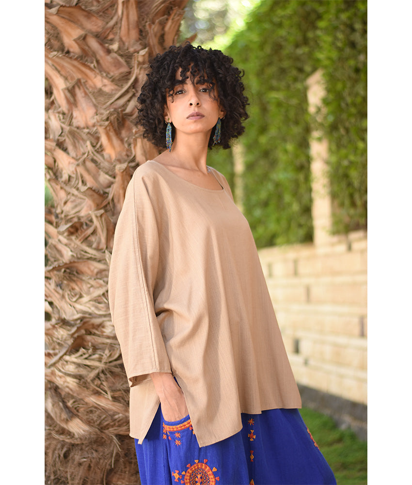 Dark Beige Linen Top – Long Sleeves handmade in Egypt & available in Jozee boutique