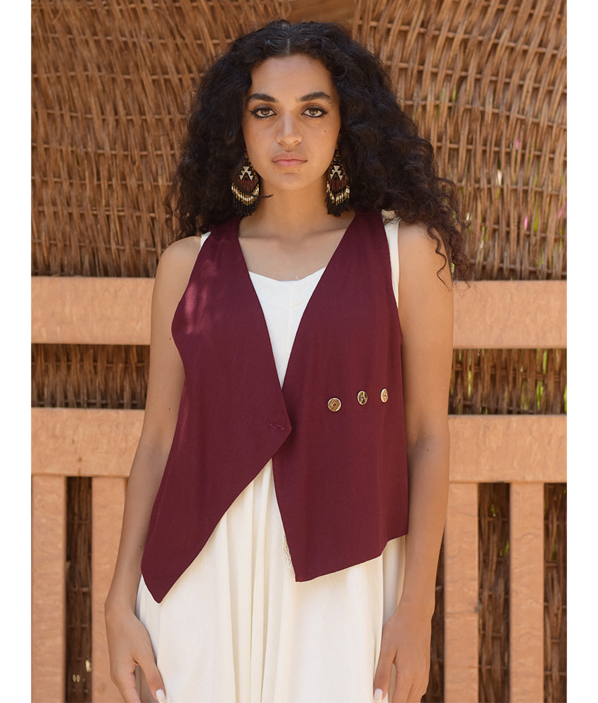 Burgundy El Mahrousa Linen Wrap Vest handmade in Egypt & available at Jozee Boutique.