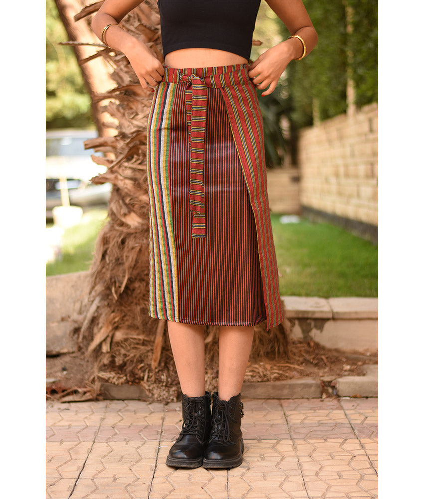 Multicolored Silk and Cotton Loom Woven Midi Wrap Skirt handmade in Egypt & available at Jozee Boutique.