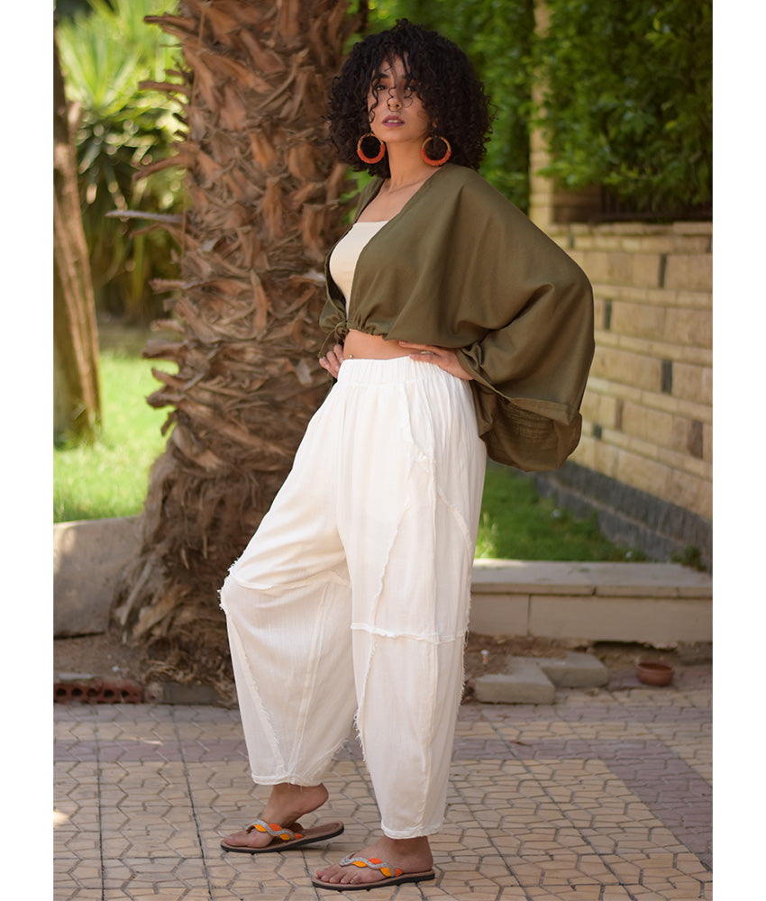 White Wide Leg Linen Frayed Pants handmade in Egypt & available at Jozee Boutique.