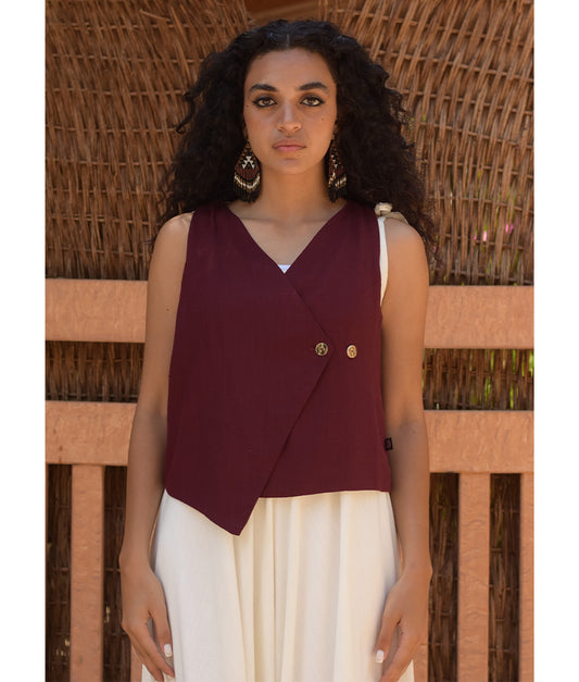Burgundy El Mahrousa Linen Wrap Vest handmade in Egypt & available at Jozee Boutique.