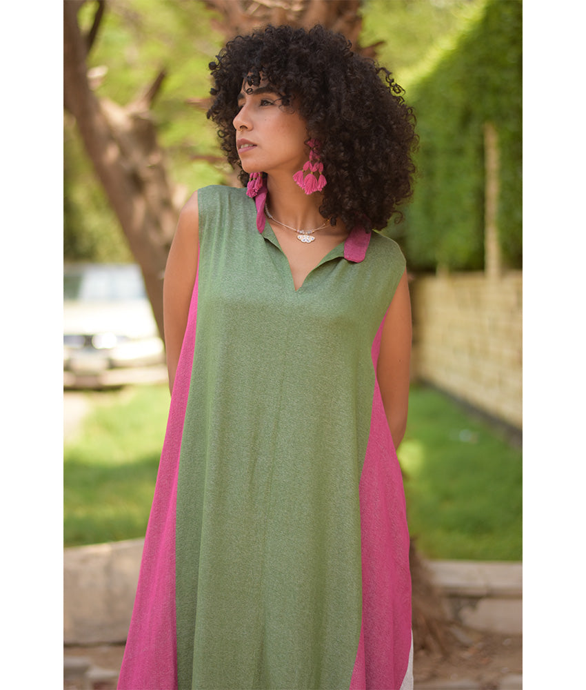 Green & Fuchsia Pink Handwoven Ruffle Dress handmade in Egypt & available at Jozee Boutique.