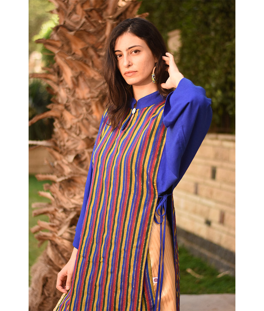 Electric Blue & Multicolored Silk & Cotton Loom Woven Long Sleeve Tunic handmade in Egypt & available at Jozee Boutique.