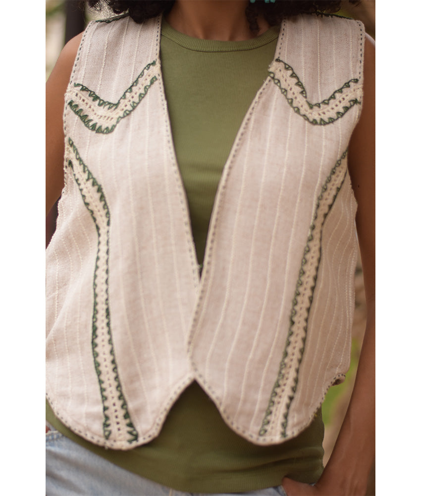 Off White & Olive Green Hand Embroideries Linen Vest handmade in Egypt & available at Jozee Boutique.