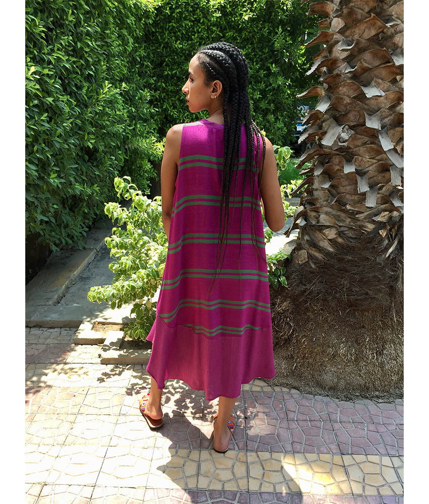 Purple & Green Viscose Midi Sleeveless Dress Handmade in Egypt & available in Jozee boutique
