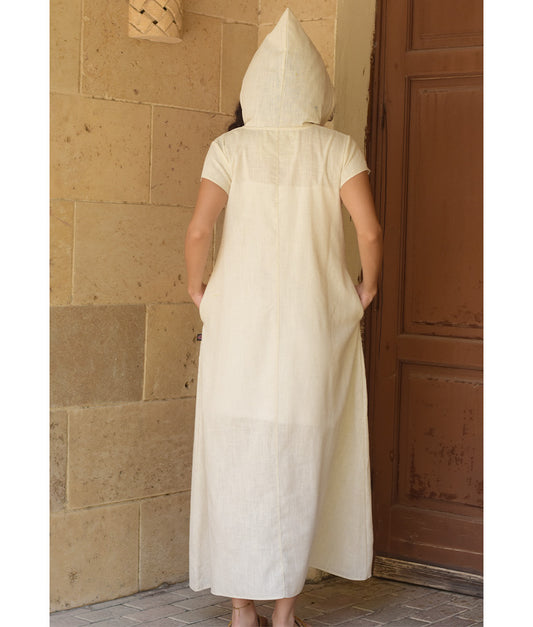 Off White Linen Dress with Khayameya Ancient Egyptian Crafts Patchwork