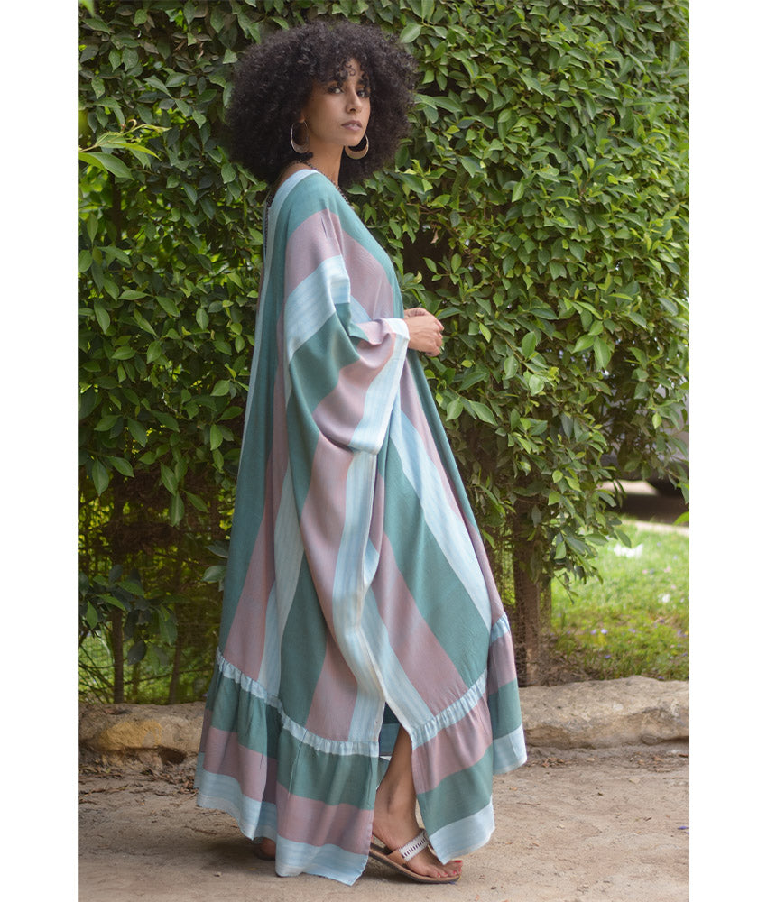 Multicolored Handwoven Ruffle Kaftan handmade in Egypt & available at Jozee boutique