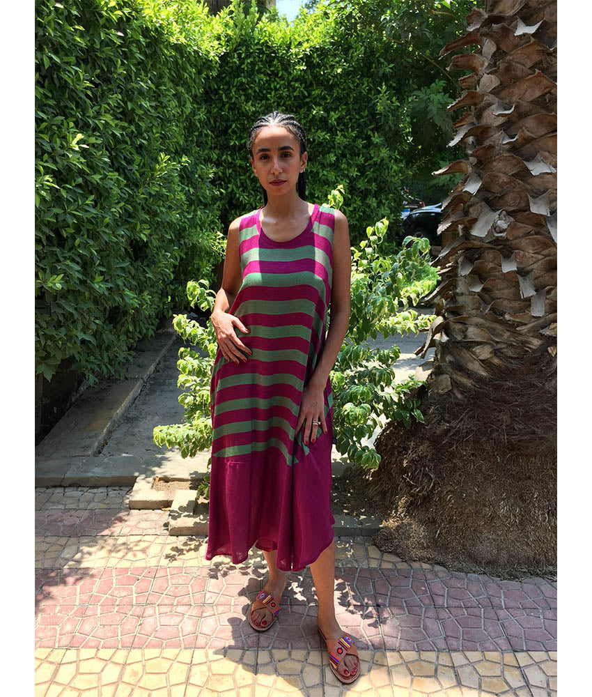 Purple & Green Viscose Midi Sleeveless Dress Handmade in Egypt & available in Jozee boutique