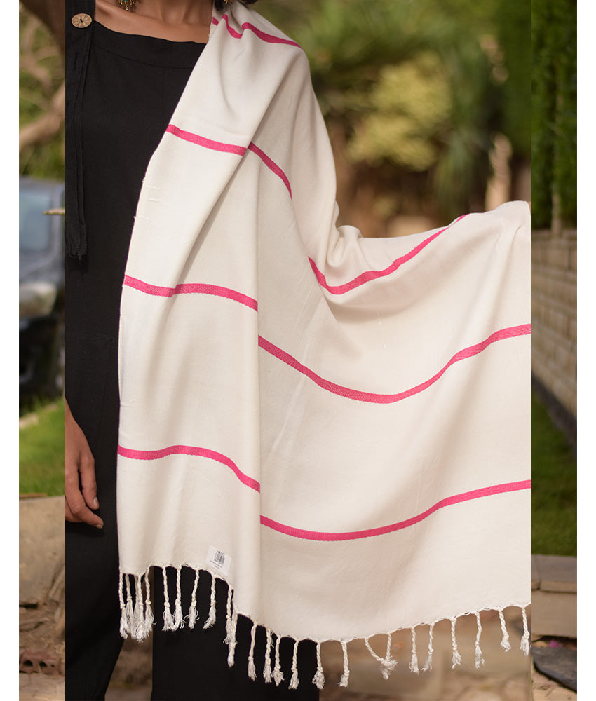 Off White & Fuchsia Viscose Shawl with Fringes handmade in Egypt & available at Jozee Boutique.handmade in Egypt & available at Jozee Boutique.
