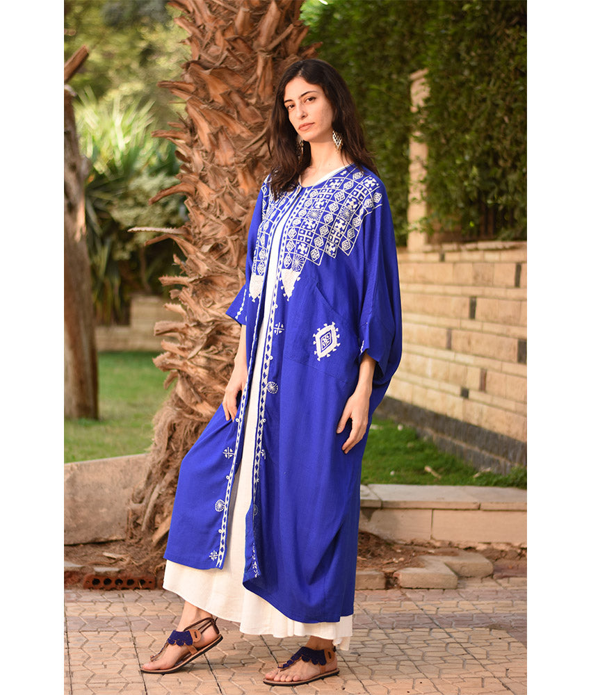 Electric Blue Siwa Embroidered Handwoven Linen Cardigan handmade in Egypt & available at Jozee Boutique.