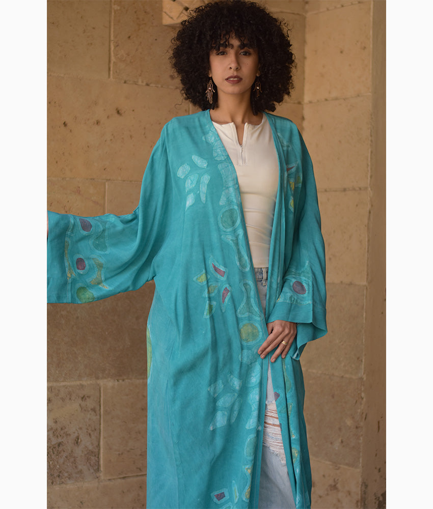 Aqua Batik Dyed Nubian Cardigan handmade in Egypt & available at Jozee Boutique.