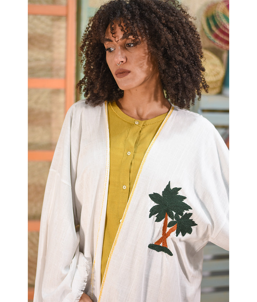 White Embroidered Handwoven Linen Cardigan handmade in Egypt & available at Jozee boutique