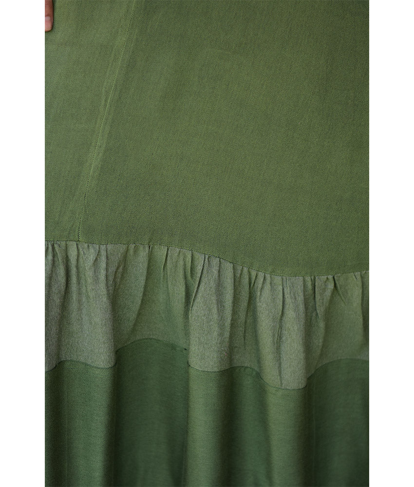 Green Handwoven Ruffle Dress Handmade in Egypt & available at Jozee Boutique