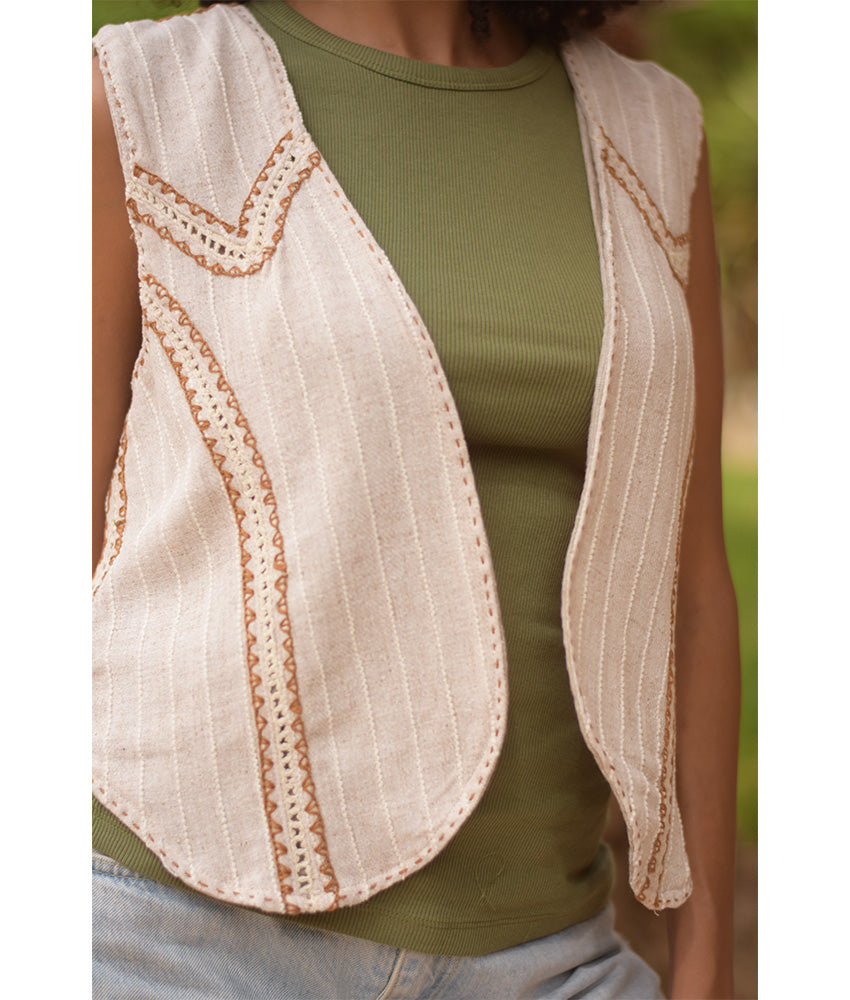Off White & brown Hand Embroideries Linen Vest handmade in Egypt & available at Jozee Boutique.