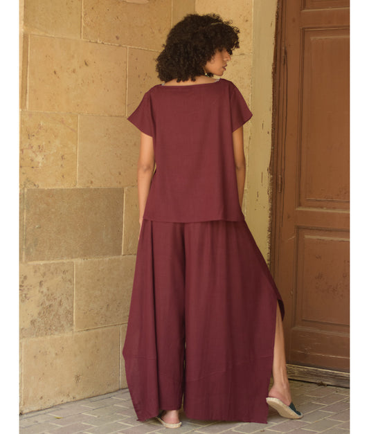 Burgundy Linen Draped Wide-Leg Pants handmade in Egypt & available in Jozee boutique
