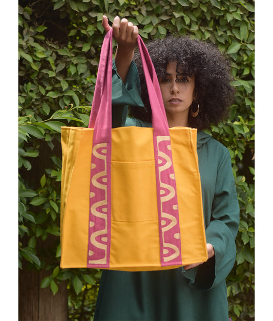 Fuchsia & mustard Embroidered Tote Bag handmade in Egypt & available at Jozee Boutique.