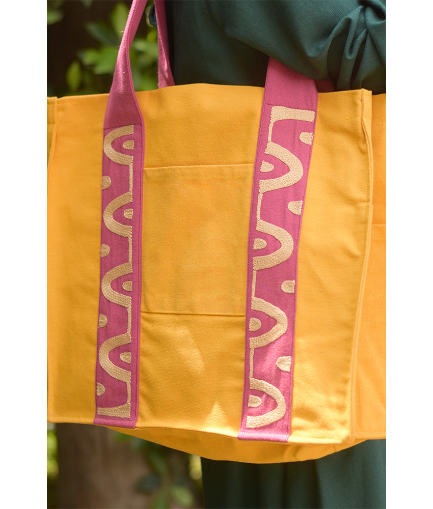 Fuchsia & mustard Embroidered Tote Bag handmade in Egypt & available at Jozee Boutique.