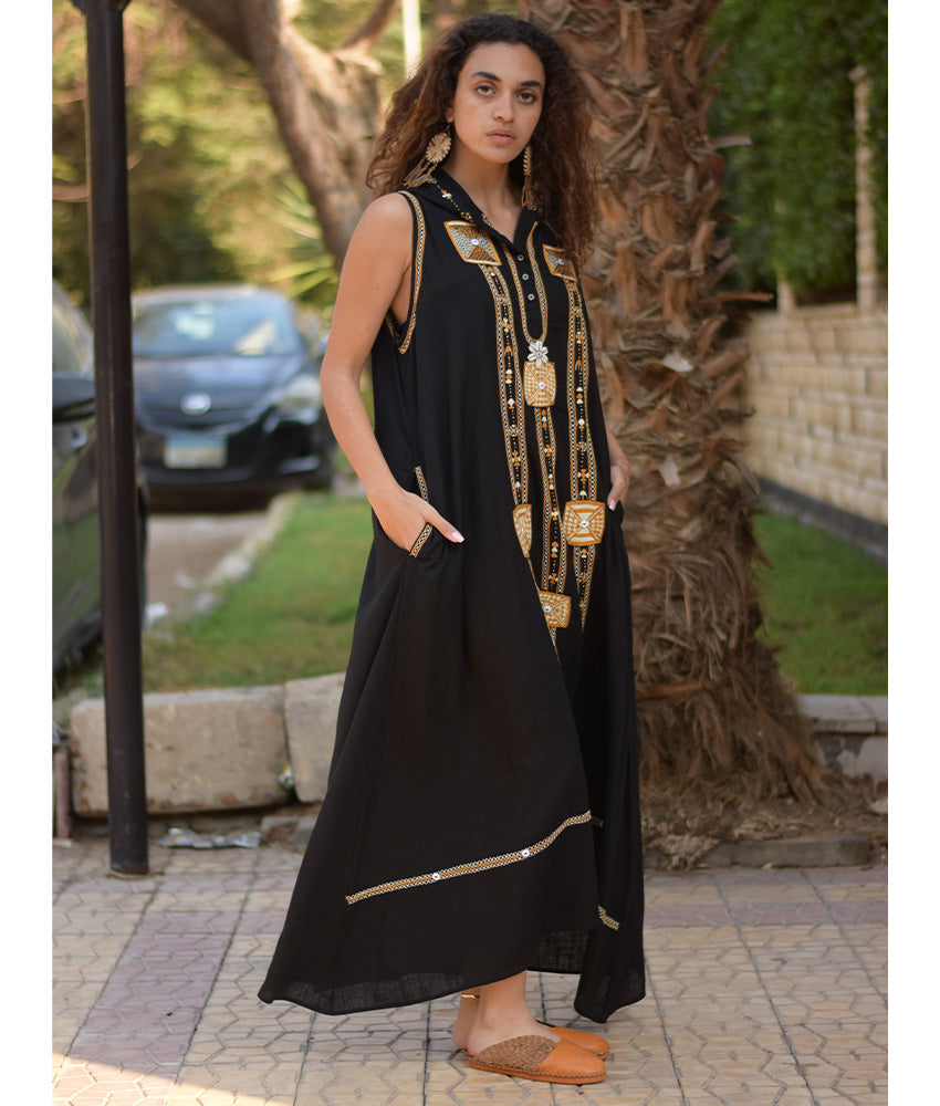 Black Siwa Embroidered Linen Dress with Hoodie handmade in Egypt & available at Jozee Boutique.