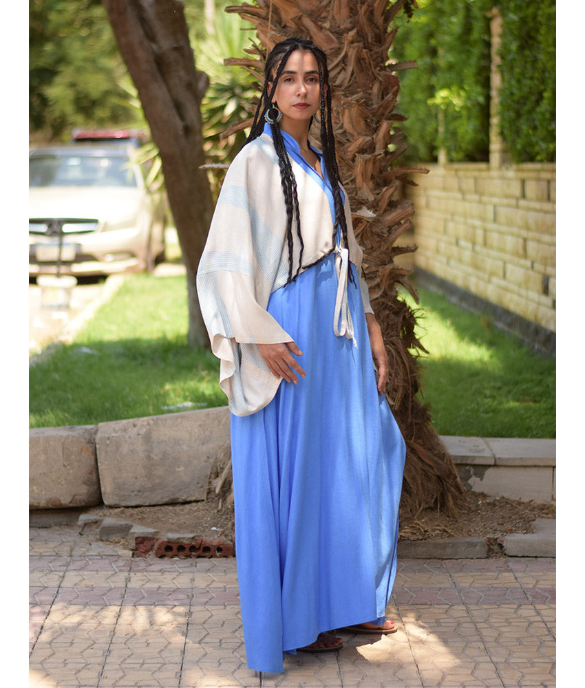 Blue & Beige Viscose Bolero handmade in Egypt & available at Jozee Boutique.