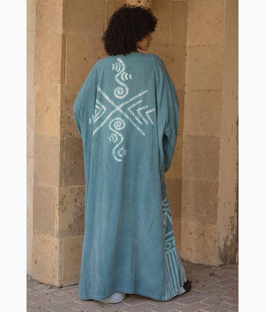 Teal Batik Dyed Nubian Cardigan handmade in Egypt & available at Jozee Boutique.