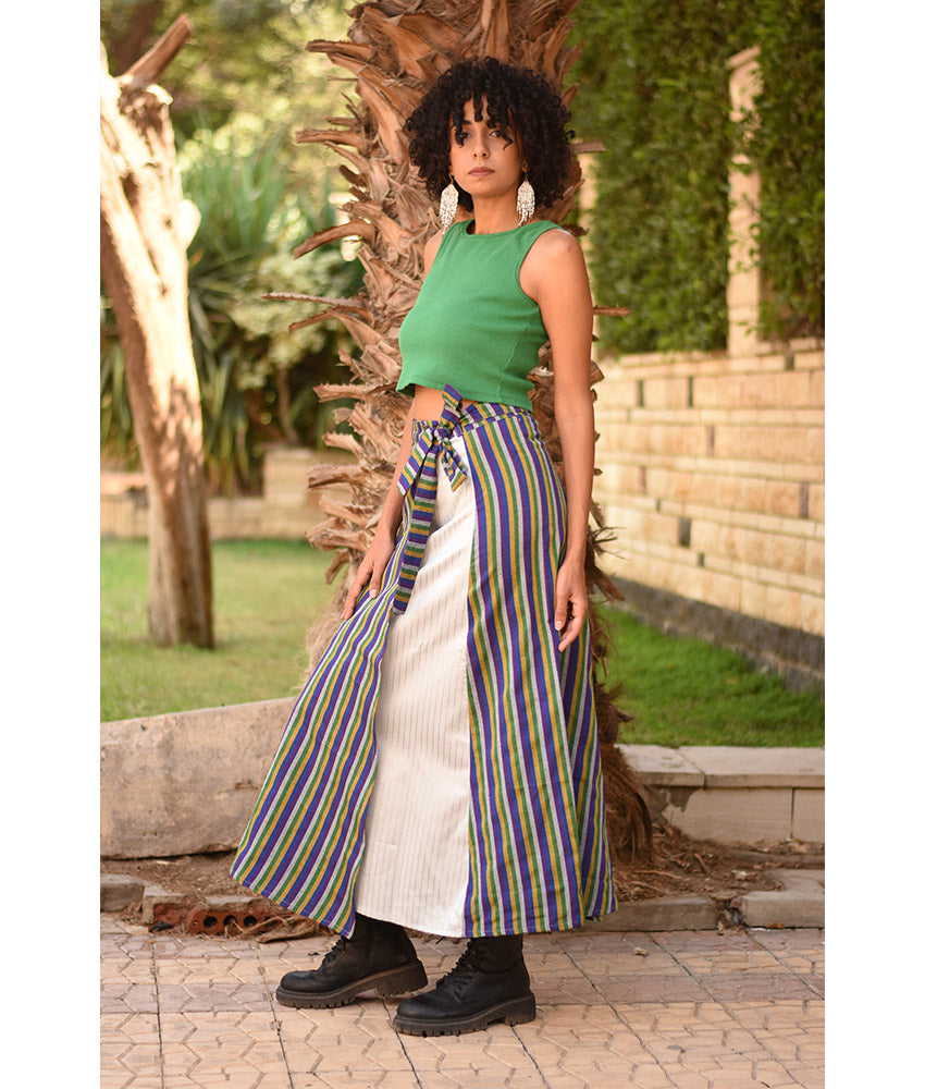 Multicolored & Silver Silk and Cotton Loom Woven Long Wrap Skirt handmade in Egypt & available at Jozee Boutique.