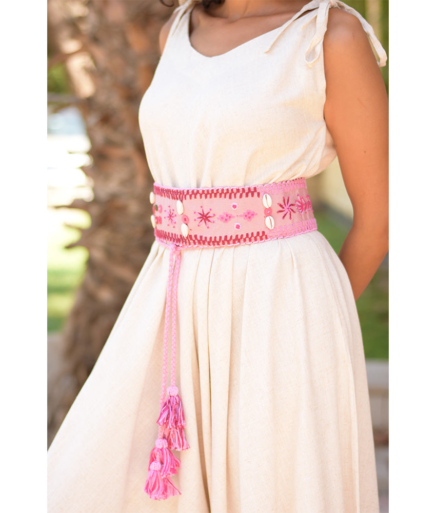 Pink Saint Catherine Embroidered Thin Belt handmade in Egypt & available at Jozee Boutique.