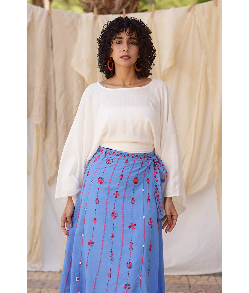 Denim Blue Siwa Embroidered Linen Wrap Skirt handmade in Egypt & available at Jozee Boutique.