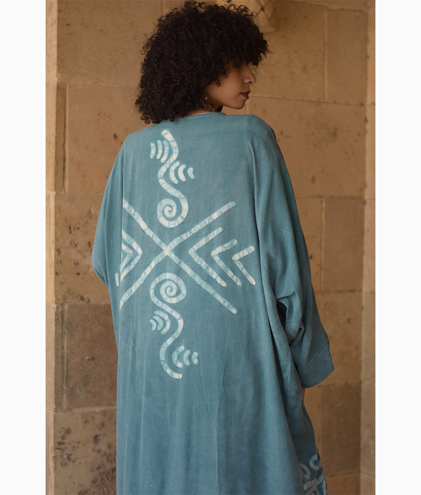 Teal Batik Dyed Nubian Cardigan handmade in Egypt & available at Jozee Boutique.