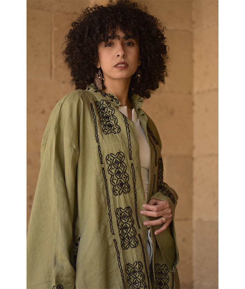 Olive Green Linen Cardigan with Hand Embroideries handmade in Egypt & available at Jozee Boutique.