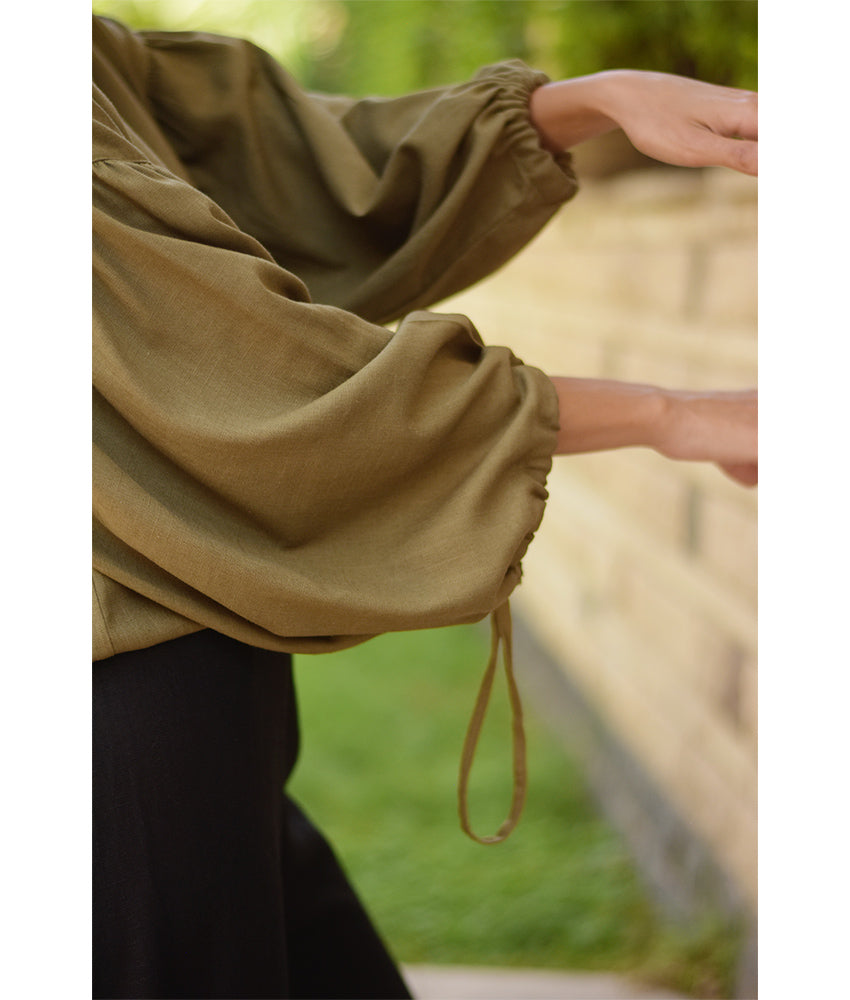 Olive Green Linen Long Sleeves Cinched Top handmade in Egypt & available at Jozee boutique