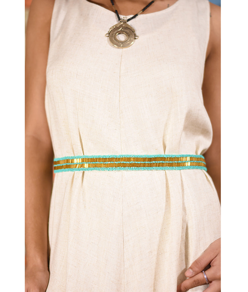 Gold Oxide, Turquoise & White Hand Beaded Belt handmade in Egypt & available at Jozee boutique