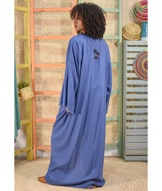 Blue Denim Embroidered Handwoven Linen Cardigan handmade in Egypt & available at Jozee boutique
