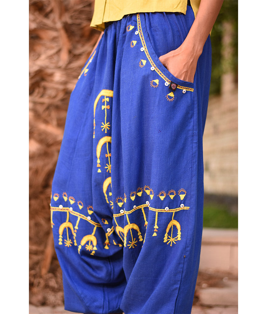 Electric Blue Siwa Embroidered Linen Harem Pants Handmade in Egypt & available at Jozee Boutique