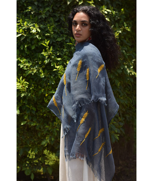 Denim Blue Embroidered Linen Shawl Handmade in Egypt & available at Jozee Boutique