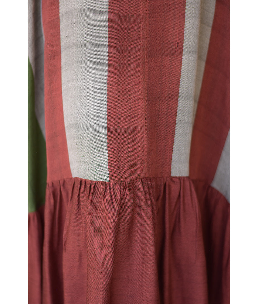 Brick red & Grey Handwoven Ruffle Dress Handmade in Egypt & available at Jozee Boutique