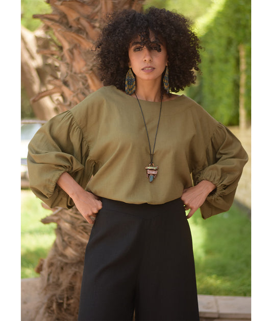 Olive Green Linen Long Sleeves Cinched Top handmade in Egypt & available at Jozee boutique
