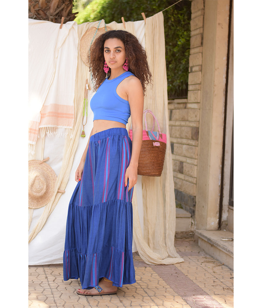 Blue Handwoven Ruffle Skirt handmade in Egypt & available at Jozee Boutique.