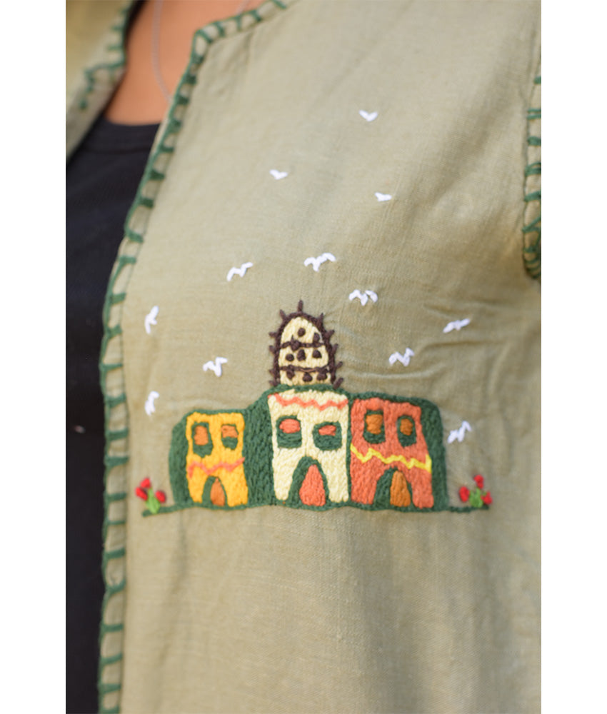 Dusty Olive Hand Embroideries Linen Vest - Fatoum