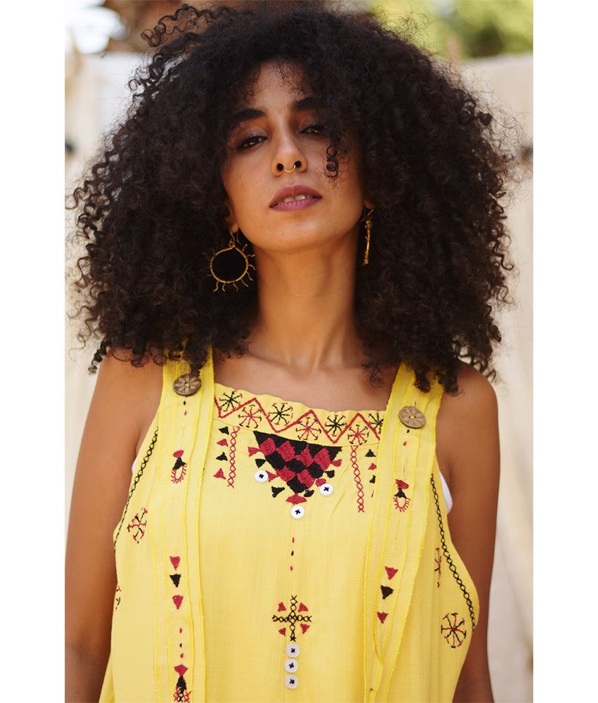 Yellow Siwa Embroidered Linen Jumpsuit